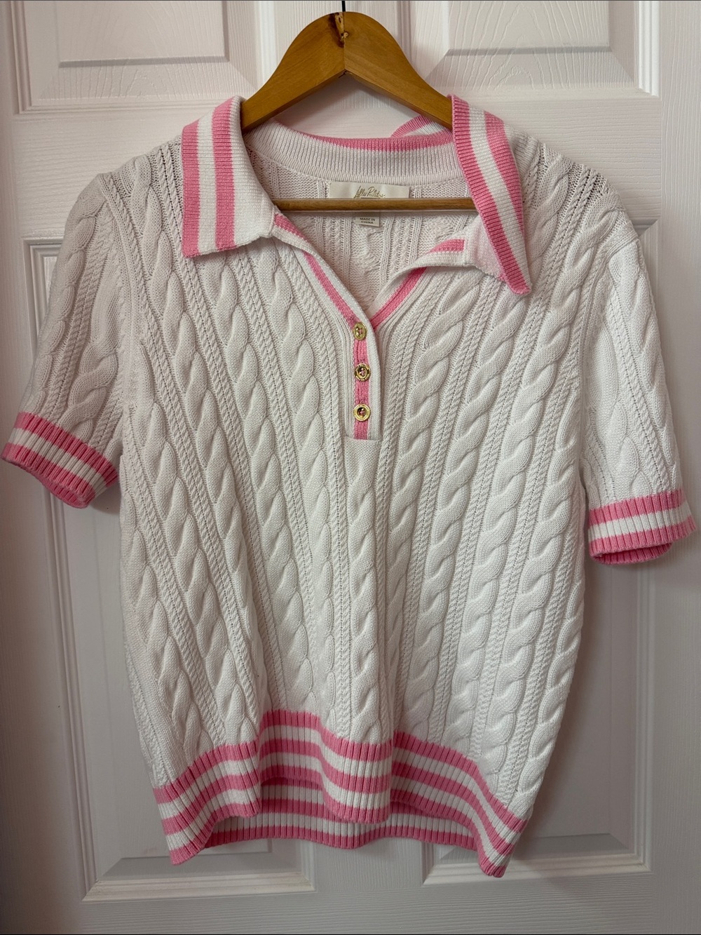 Lilly Pulitzer White Cable Knit Polo Sweater with Pink Trim